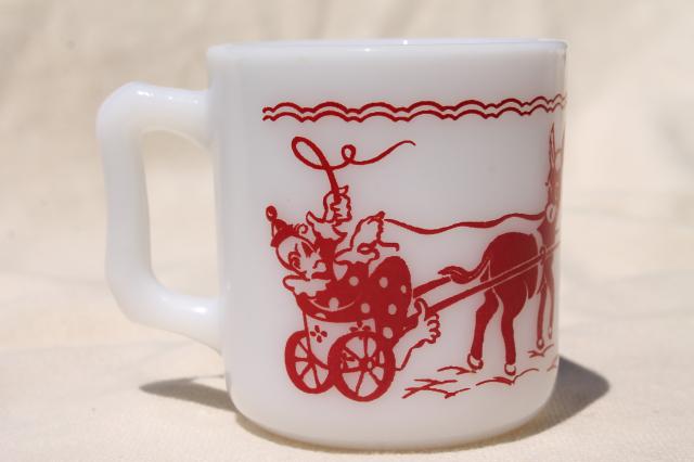 vintage Hazel Atlas milk glass children's mug, baby cup w/ red & white circus print pattern