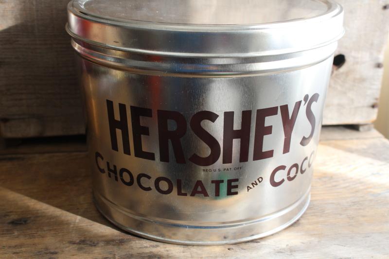 vintage Hersheys Chocolate & Cocoa advertising, big round tin canister Bertels can