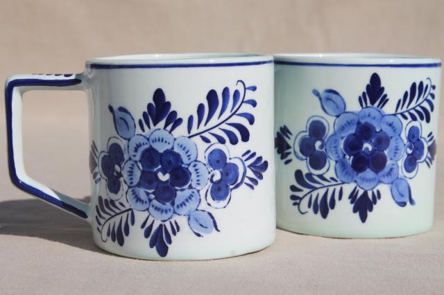 vintage Holland Delft mugs, blue & white handpainted coffee cups w/ Dutch row houses