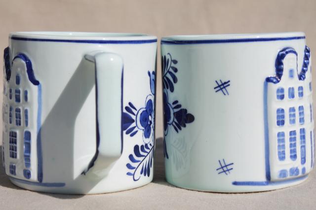 vintage Holland Delft mugs, blue & white handpainted coffee cups w/ Dutch row houses