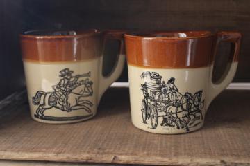 vintage Holt Howard McCoy stoneware pottery mugs, town crier & coaching days scenes