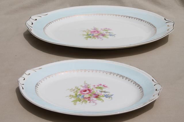 vintage Homer Laughlin Eggshell Georgian floral china trays or platters, aqua blue w/ flowers