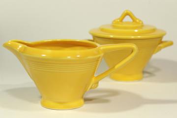 vintage Homer Laughlin Harlequin yellow ceramic cream pitcher & sugar bowl set