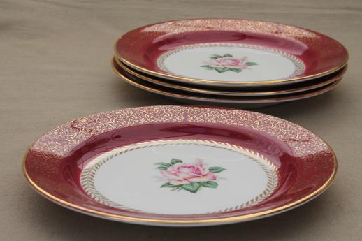 vintage Homer Laughlin china cake plates w/ pink roses, wine red & gold border