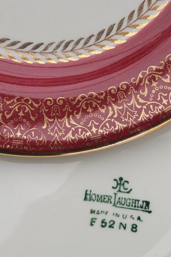 vintage Homer Laughlin china cake plates w/ pink roses, wine red & gold border