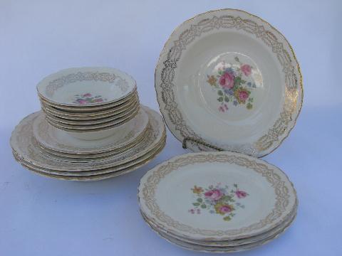 vintage Homer Laughlin pottery pattern H49N6, pink roses china plates & bowls