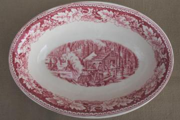 vintage Homer Laughlin red transferware Currier & Ives Maple Surgaring oval bowl