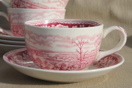 vintage Homer Laughlin red transferware Currier & Ives View of New York cups & saucers
