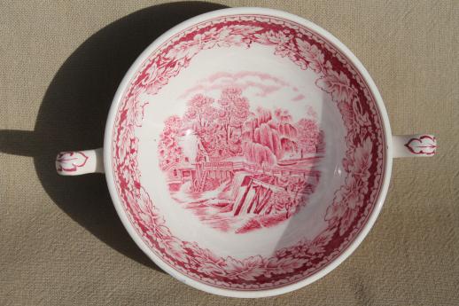 vintage Homer Laughlin red transferware Currier & Ives china footed cream soup bowls set