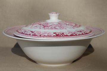 vintage Homer Laughlin red transferware Currier & Ives covered bowl