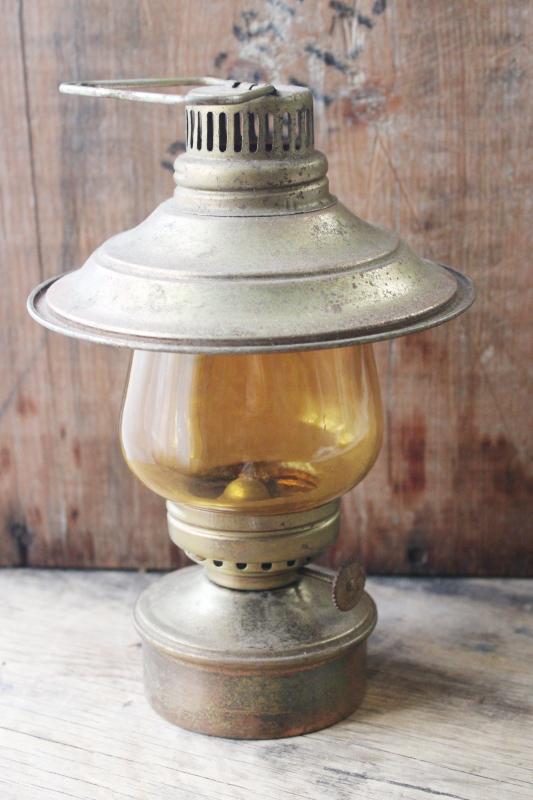 vintage Hong Kong kerosene lamp, little tin lantern w/ shade, rustic fall decor