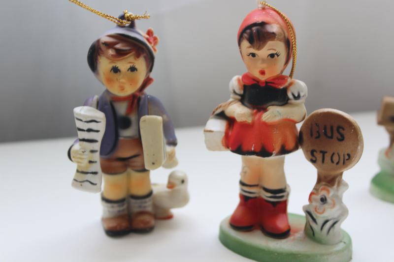 vintage Hong Kong plastic figurines, Hummels Valentine children, bus stop girl & boy