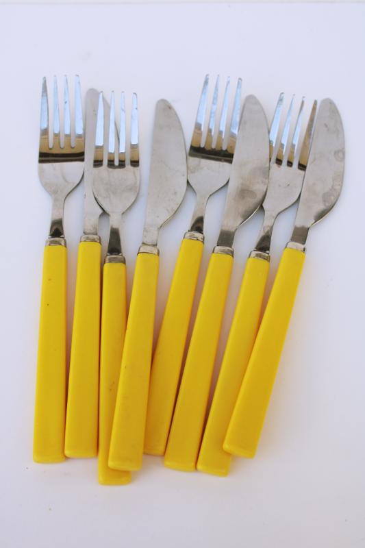 vintage Hong Kong stainless steel forks & knives, bakelite look yellow plastic handles flatware