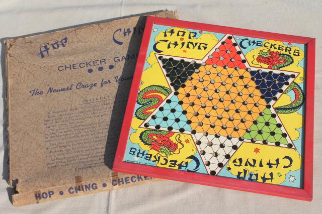 vintage Hop Ching Chinese Checkers color game board w/ wood frame, worn original box