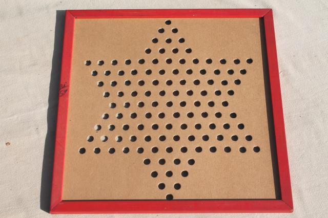 vintage Hop Ching Chinese Checkers color game board w/ wood frame, worn original box