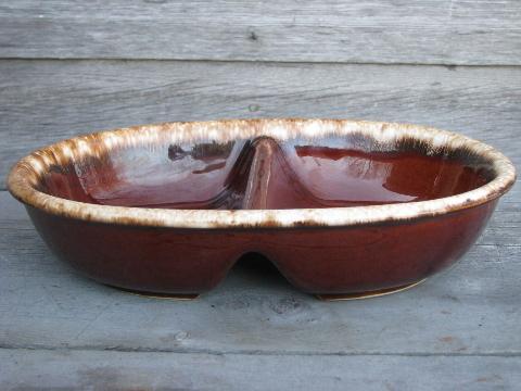 vintage Hull Oven Proof brown drip pottery, divided oval serving bowl