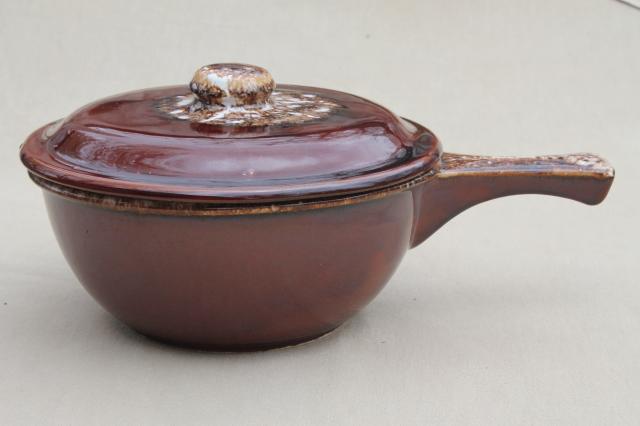 vintage Hull Oven Proof brown drip pottery stick handle casserole w/ lid