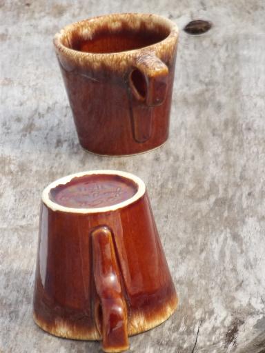 vintage Hull brown drip glaze pottery mugs, oven proof coffee cups