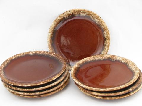 vintage Hull brown drip glaze pottery, set of 8 small plates
