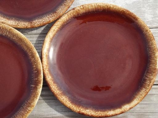 vintage Hull oven proof pottery sandwich plates set, brown drip ring pattern