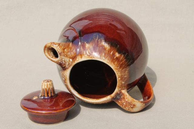 vintage Hull pottery tea pot, mirror brown drip glaze stoneware teapot