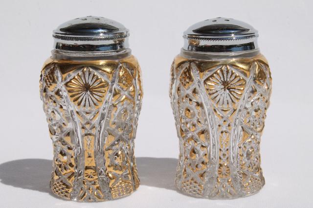 vintage Imperial glass star pattern S&P shakers, crystal clear & gold