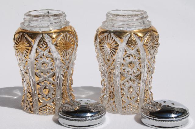 vintage Imperial glass star pattern S&P shakers, crystal clear & gold