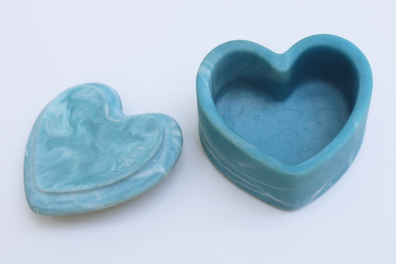 vintage Incolay blue marble stone trinket box, tiny heart w/ seashells mermaid style