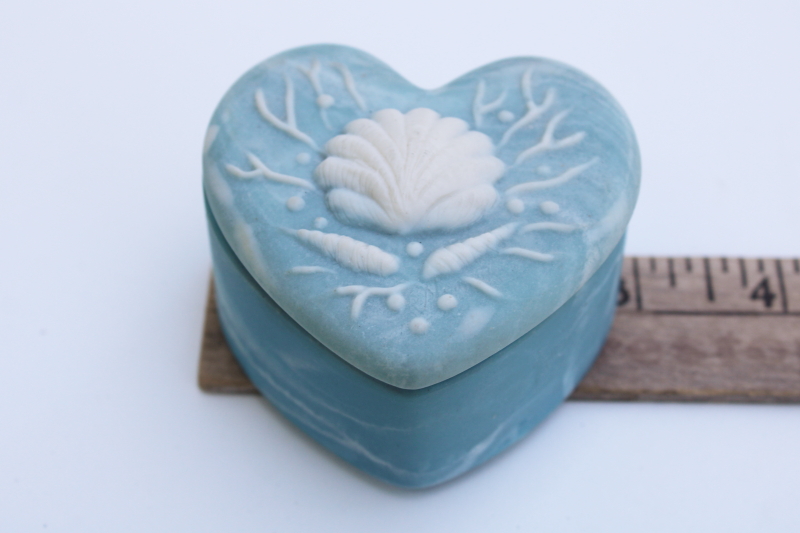 vintage Incolay blue marble stone trinket box, tiny heart w/ seashells mermaid style