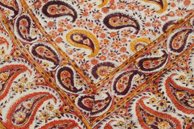 vintage Indian block print cotton fabric bedspread w/ original label, boho hippie retro