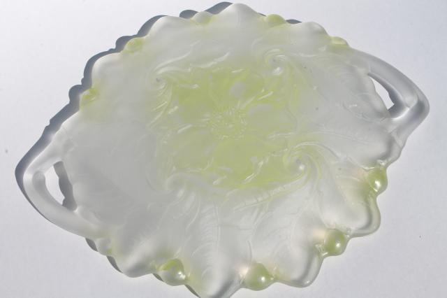 vintage Indiana Wild Rose pattern glass tray, bowls - yellow lime green frosted glass
