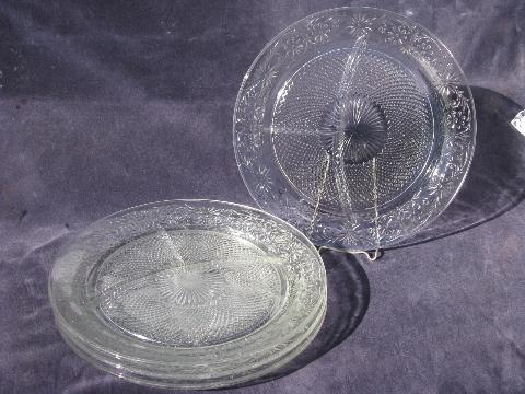 vintage Indiana daisy pattern depression glass, set of four crystal divided dinner / grill plates