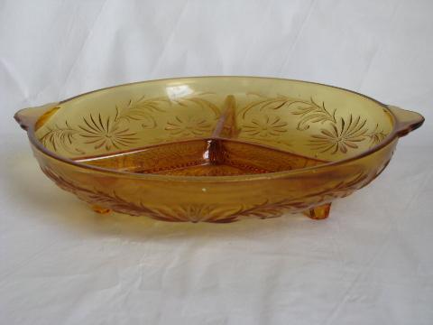 vintage Indiana daisy pattern glass, amber depression glassware, divided bowls & cake plate