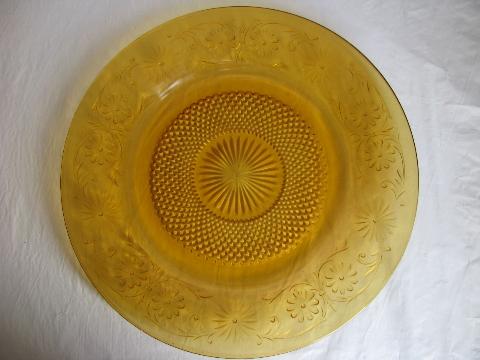 vintage Indiana daisy pattern glass, amber depression glassware, divided bowls & cake plate
