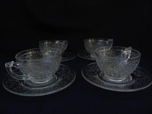 vintage Indiana daisy pattern glass, cups and saucers lot, 4 sets