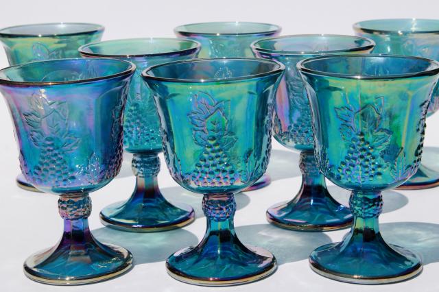vintage Indiana glass blue carnival iridescent luster wine glasses, harvest grapes goblets