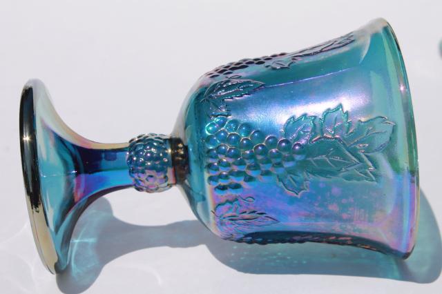 vintage Indiana glass blue carnival iridescent luster wine glasses, harvest grapes goblets