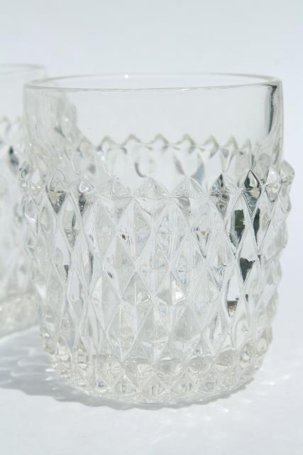 vintage Indiana glass diamond point pattern tumblers, old fashioned lowballs rocks glasses