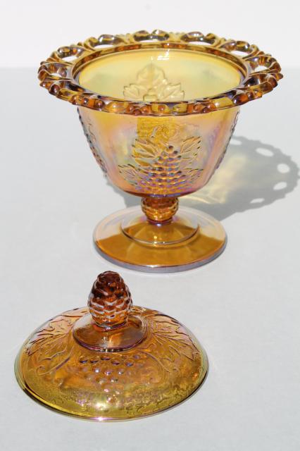 vintage Indiana golden harvest grapes marigold carnival glass, lace edge candy dish