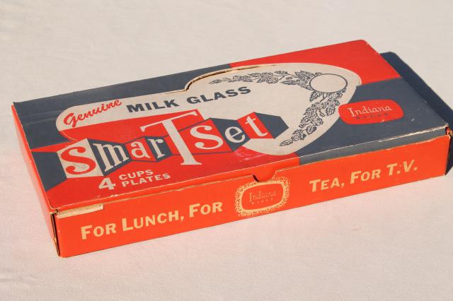 vintage Indiana milk glass snack sets, triangular tray plates & tea cups in original box