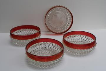 vintage Indiana ruby band diamond point glass bowls, flashed stained ruby color