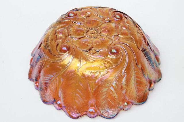 vintage Indiana wild rose bowl, sunflower marigold amber iridescent luster carnival glass