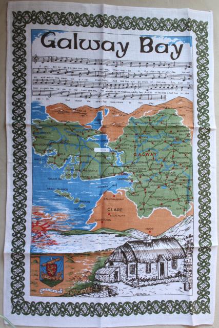 vintage Irish linen tea towel, Galway Bay lyrics print, souvenir of Ireland