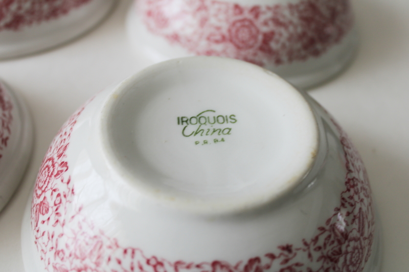 vintage Iroquois restaurant ware ironstone china cereal bowls, red transferware floral
