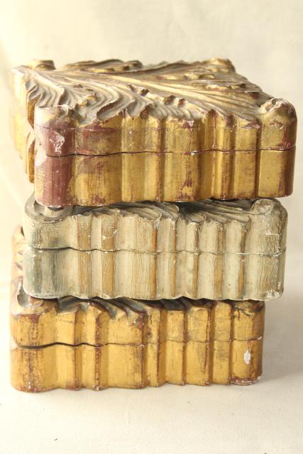 vintage Italian Florentine carved wood boxes w/ shabby old gold distressed antique finish
