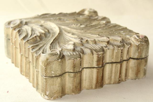 vintage Italian Florentine carved wood boxes w/ shabby old gold distressed antique finish