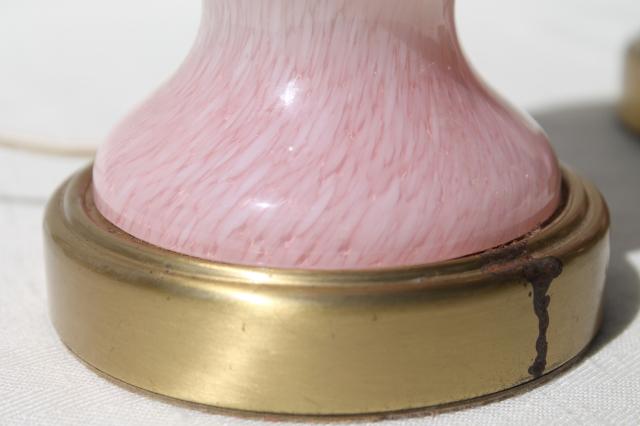 vintage Italian Murano glass lamps, pair boudoir lamps w/ pink & white art glass lamp bases