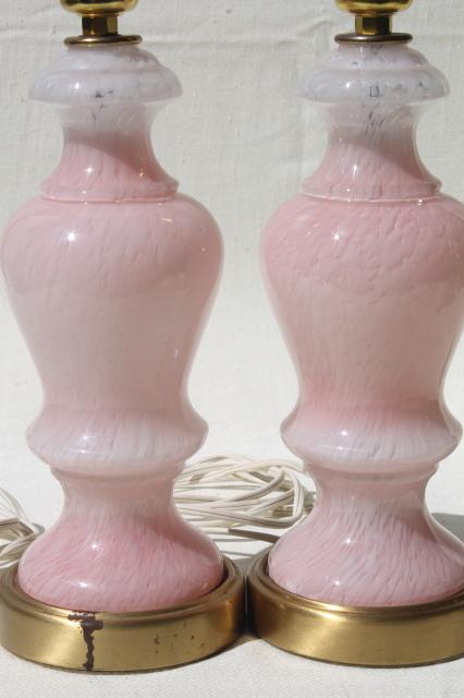 vintage Italian Murano glass lamps, pair boudoir lamps w/ pink & white art glass lamp bases
