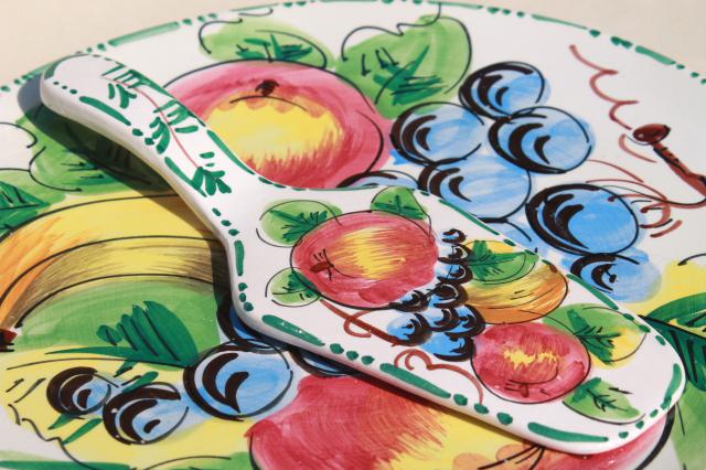 vintage Italian ceramic cake stand & server, hand painted fruit Italy pottery