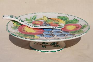 vintage Italian ceramic cake stand & server, hand painted fruit Italy pottery